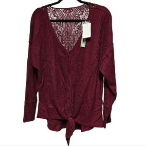 Women’s Waffle Knit Tie-Front V-Neck Pullover Sweater 1X NWT Burgundy Lace Cozy